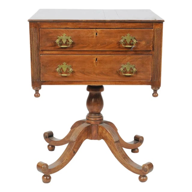 Antique Mahogany Two-Drawer Sewing Table With Scroll-Foot Pedestal Base For Sale