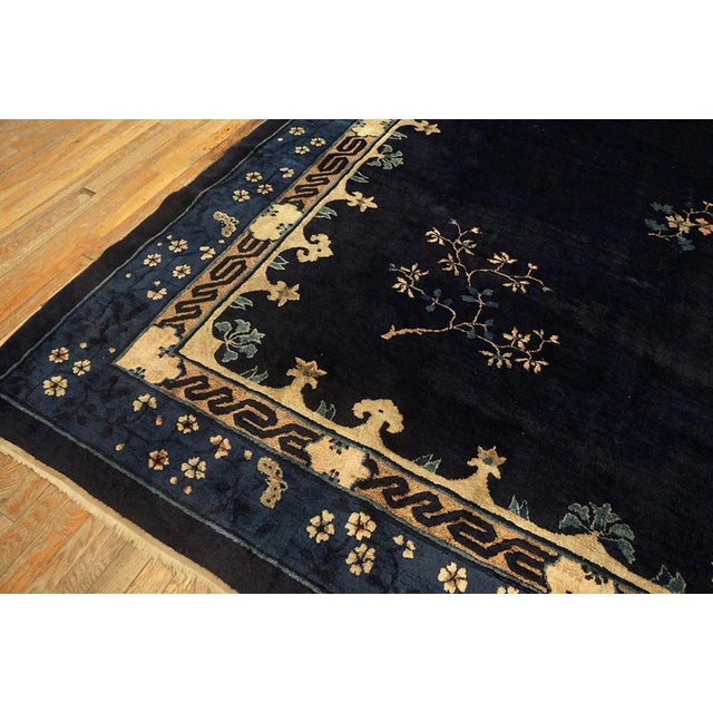 1920s Black Background Color With Floral Design Antique Chinese Peking Rug For Sale - Image 9 of 12
