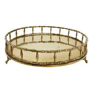 Vintage Round Brass Footed Faux Bamboo Rail Gallery Tray For Sale