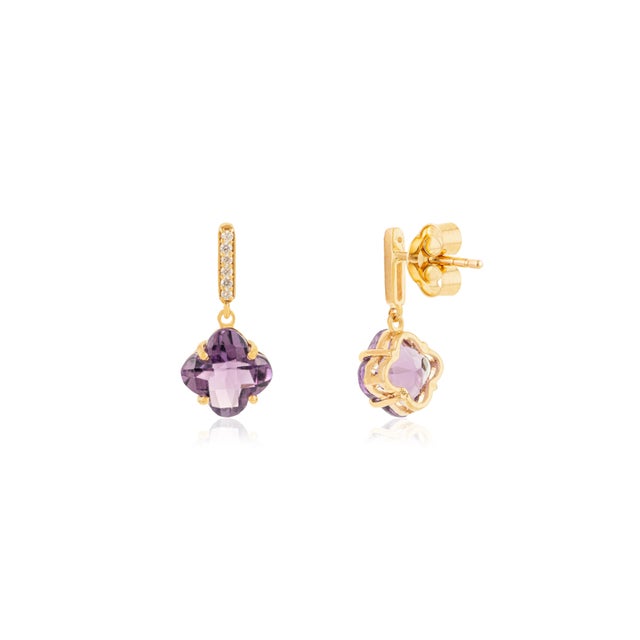 3.8ct Amethyst & Diamond Clover Drop Earrings in 14k Yellow Gold- 2 Pieces For Sale In New York - Image 6 of 12