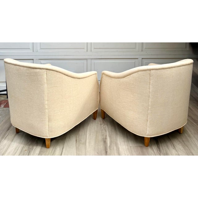 Pair of Vintage Curved Barrel Chairs in Pale Apricot Linen Blend For Sale - Image 10 of 16