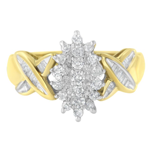 10K Two-Toned Round Baguette Diamond Cluster Ring (1/2 Cttw, I-J Color, I2-I3 Clarity) - Size 7 For Sale