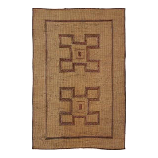 Vintage Moroccan Tuareg Mat With Twin Geometric Medallions in Beige & Red - Rug & Kilim For Sale