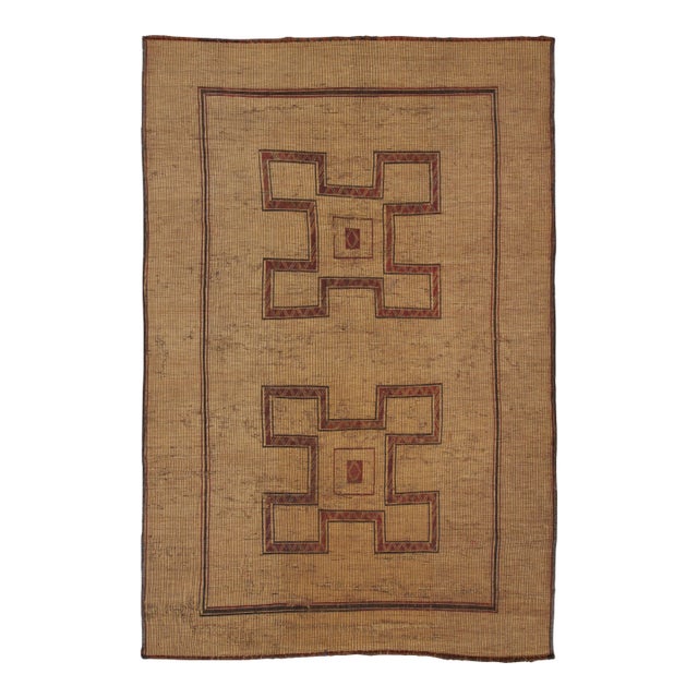 Vintage Moroccan Tuareg Mat With Twin Geometric Medallions in Beige & Red - Rug & Kilim For Sale