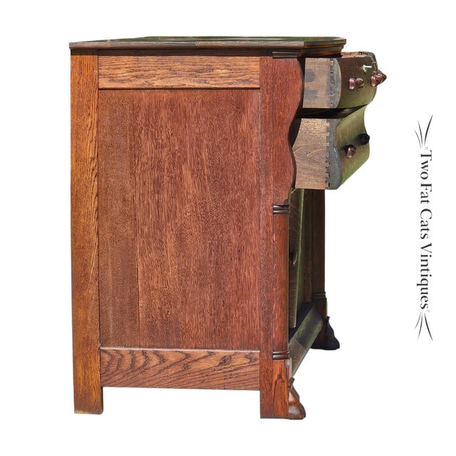 Brown Antique Buffet | American Empire Server | Tiger Oak Sideboard With Carved Lion Paw Feet | Ogee Scroll Drawer | C1890-1915 | 54" Wide For Sale - Image 8 of 18