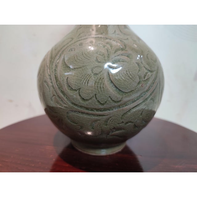 Art Deco Chinese Ceramic Vase Yaozhou Ware Celadon Vase Hand Carved Flowers Pattern For Sale - Image 3 of 10