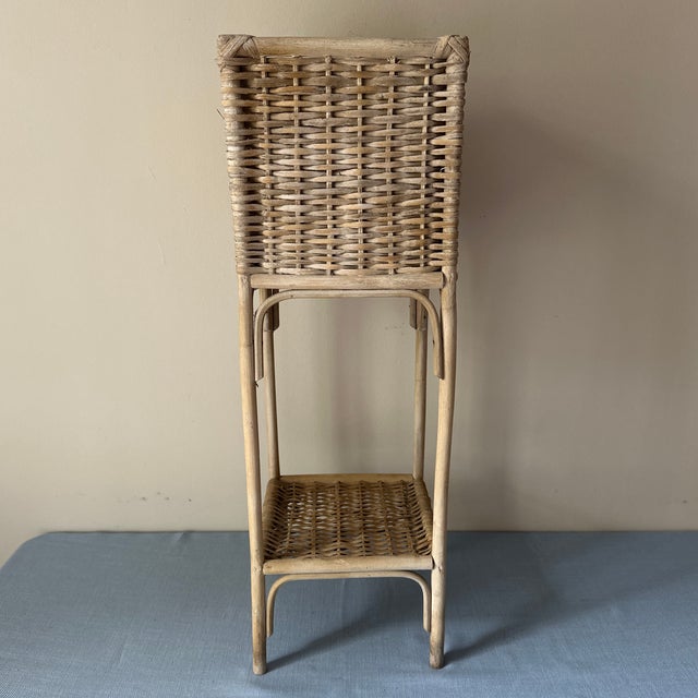Tan Vintage Handcrafted Square Bamboo Woven Wicker Two Tiered Plant Stand For Sale - Image 8 of 8