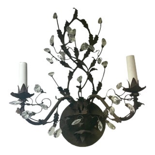 1990s Italian Rustic Wrought Iron and Crystal Wall Sconces For Sale