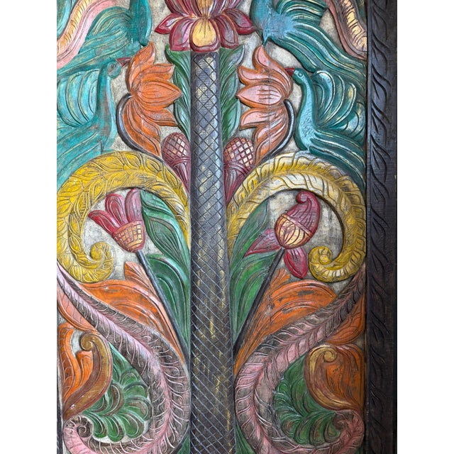 Mid-Century Modern Hand-Painted Carved Wood Door Panel – Tree of Life With Lotus, Cranes & Elephant Motifs 84x36 For Sale - Image 3 of 5