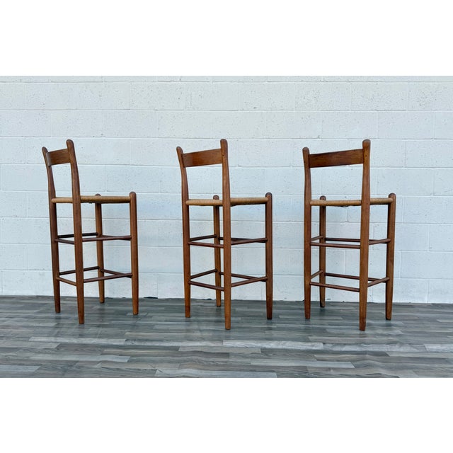 1970s Set of 3 Danish Modern Style Oak Bar Stools With Rush Seats | Mid-Century For Sale - Image 16 of 18