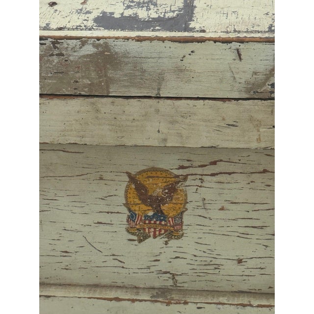 American Antique Painted Wood Trunk With American Eagle Decals, Chippy Sage Green For Sale - Image 3 of 6
