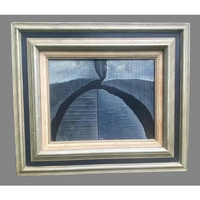 Vintage painting done in mixed mediums. Incised abstract textured on canvas in layered silver and black wood frame.