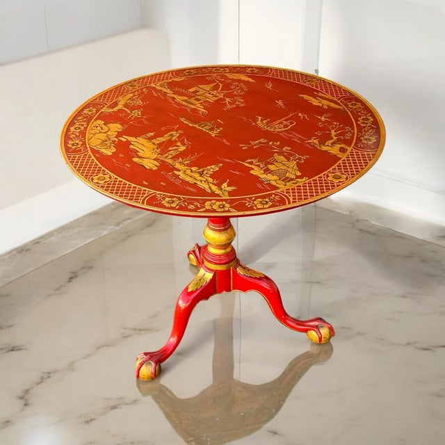 1970s English Georgian Style Red Lacquer and Gilt Chinoiserie Tilt-Top Tripod Table For Sale - Image 5 of 7