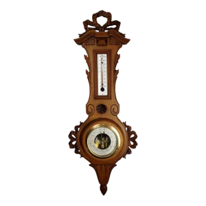 Mid 20th Century Art Deco Weather Station Barometer Thermometer in Carved Wood and Beveled Glass