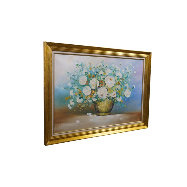 Traditional Vintage Impressionist Floral Oil Painting White Roses in Basket Framed 41" For Sale - Image 3 of 10