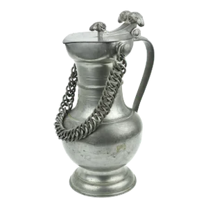Mid 20th Century Swiss Made Heavy Pewter Lidded Pitcher Flagon With Chain Handle and Ram Heads Finials