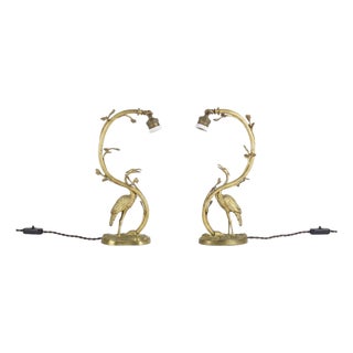 Art Deco Gilt Bronze Sculpted Crane Table Lamps with Branch and Leaf Stems, Europe, 1930s, Set of 2 For Sale