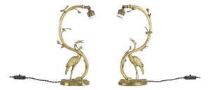 Art Deco Gilt Bronze Sculpted Crane Table Lamps with Branch and Leaf Stems, Europe, 1930s, Set of 2