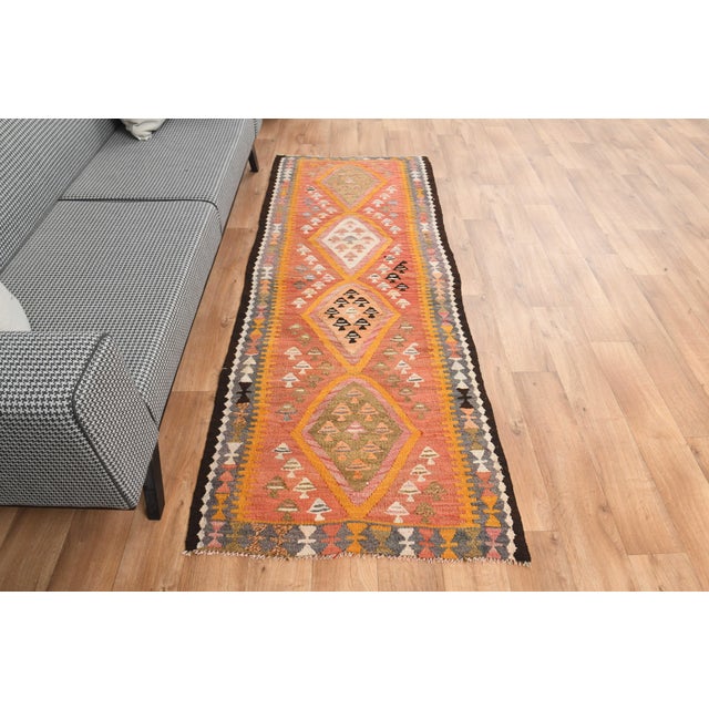 1970s Vintage Turkish Handmade Wool Cotton Orange Runner Rug For Sale - Image 10 of 11