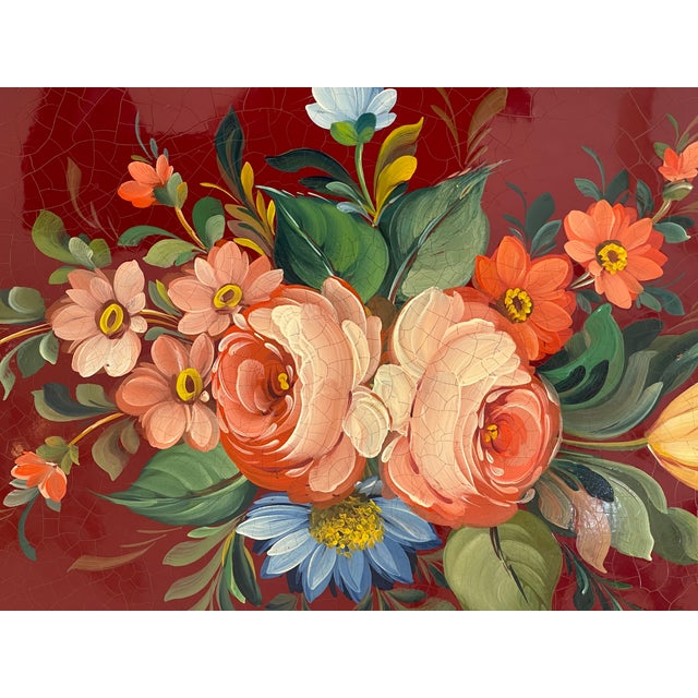 French C.1950 Red Hand Painted Tole Gallery Serving Tray, Roses | Chairish