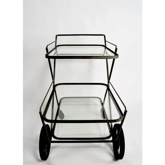 Hard to find Salterini style serving bar cart in original faux Verdigris finish. This cart features three glass shelves in...