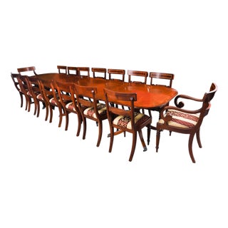 Vintage Regency Revival Triple Pillar Dining Table and Chairs, Set of 17 For Sale