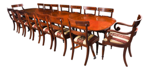 Vintage Regency Revival Triple Pillar Dining Table and Chairs, Set of 17