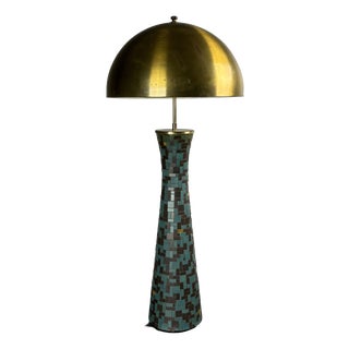 Mid-Century Modern Mosaic and Brass Table Lamp with Gold Mushroom Metal Dome Shade, 1960s For Sale