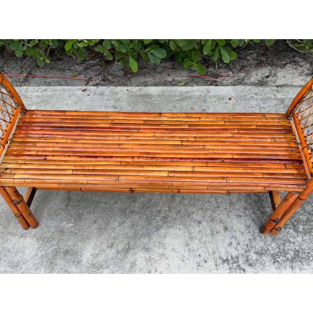 Wood Vintage 54” Split Bamboo Hall Bench With Woven Cane Ends For Sale - Image 7 of 12