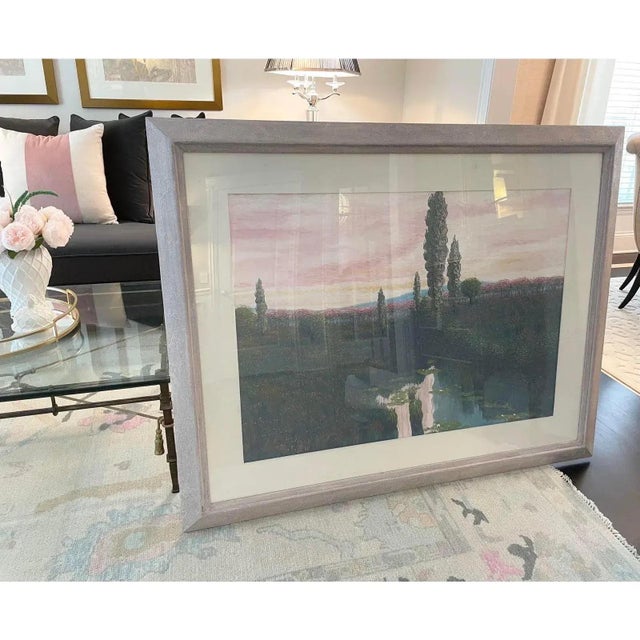 Offered is a vintage framed original oil painting. This large landscape oil features beautiful shades of pink and green...