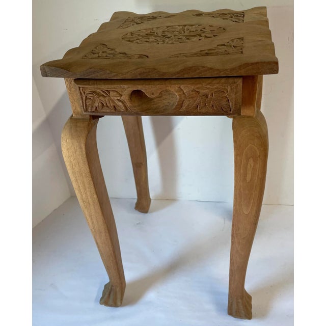 Mid-Century Modern Vintage Carved Cerused Solid Wood Drink or Side Table With Drawer For Sale - Image 3 of 11