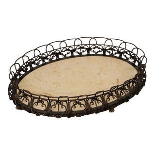 2000s Maitland-Smith Wrought Iron & Travertine Tray For Sale
