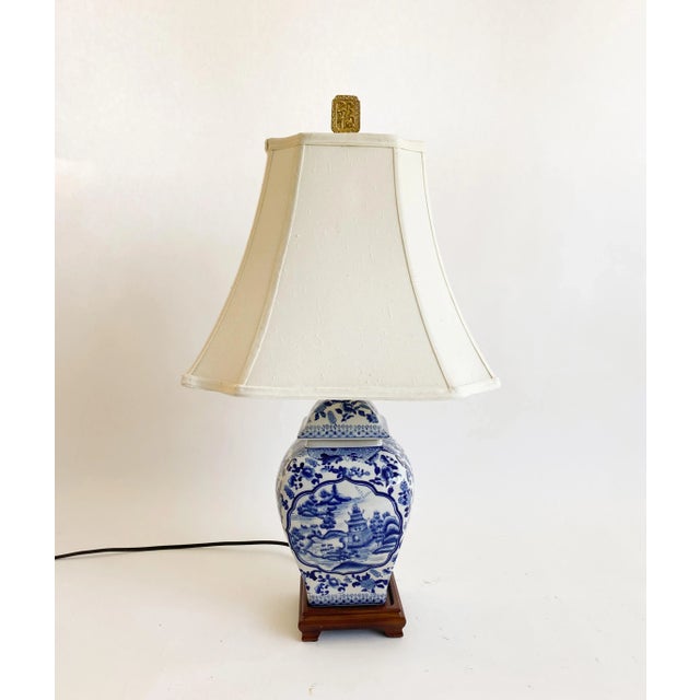 Vintage 1920s Chinese Blue and White Ginger Jar Lamp With Shade For Sale - Image 11 of 11