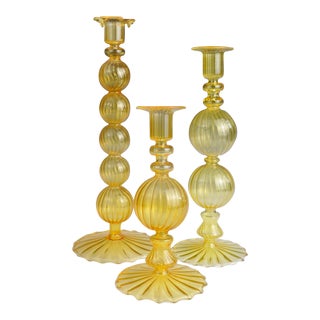 Mid-Century Hand-Blown Optic Amber Glass Egyptian Candle Sticks- Set of 3 For Sale