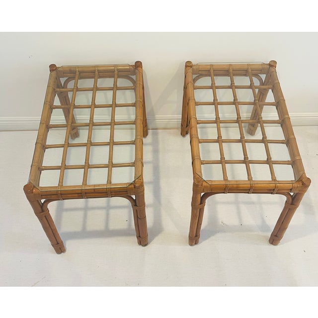 Mid-Century Modern Elegant Pair of 1950 Mid Century Modern Bamboo Side Tables W Glass Pair For Sale - Image 3 of 7