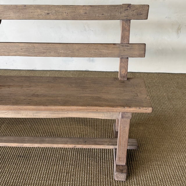 Beige Vintage Elm Wood School House Bench For Sale - Image 8 of 11