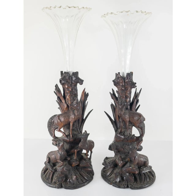 Rustic Pair of German Carved Black Forest Walnut Vases For Sale - Image 3 of 13