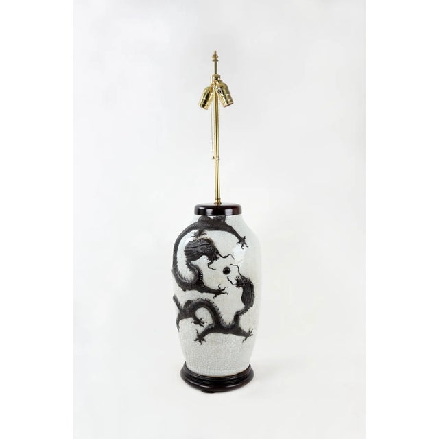 Mid 19 Century Double Bulb Pull Switch White Crackle Glazed Table Lamp With Black Dragon Relief For Sale - Image 9 of 9
