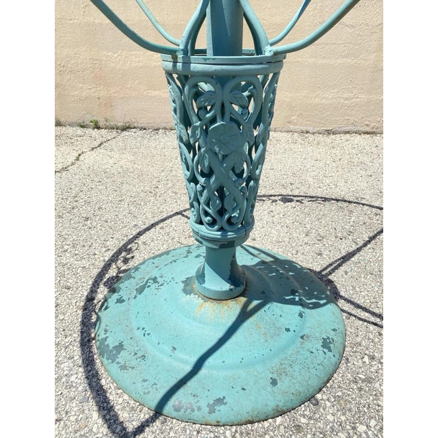 Green Vintage Woodard Style Wrought Iron Patio Dining Chairs & Round Pedestal Base Table, 5 Pieces For Sale - Image 8 of 12