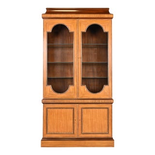 Baker Furniture Neoclassical Inlaid Satinwood Lighted Breakfront Bookcase Cabinet For Sale