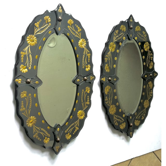 Italian Pair of Mid-Century Italian Venetian Black Glass and Gilt Floral Mirrors, 1960s For Sale - Image 3 of 18