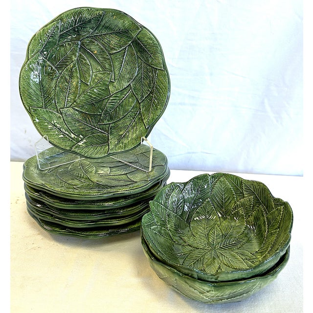 Awesome vintage set of eight leaf dishes and bowls. They are made of ceramic in the Italian Majolica style to look just...