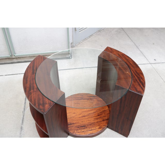 Art Deco side table with glass top by Phillippe Petit. Walnut and glass. See detail shots for period image of this table...