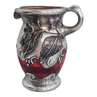 Mid 20th Century Art Nouveau Cranberry Glass Pitcher With Sterling Silver Mount For Sale