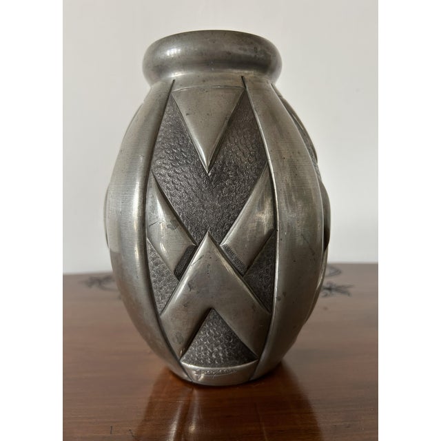 Art Deco Pewter Vase with Geometric Motifs, 1920s For Sale - Image 3 of 8