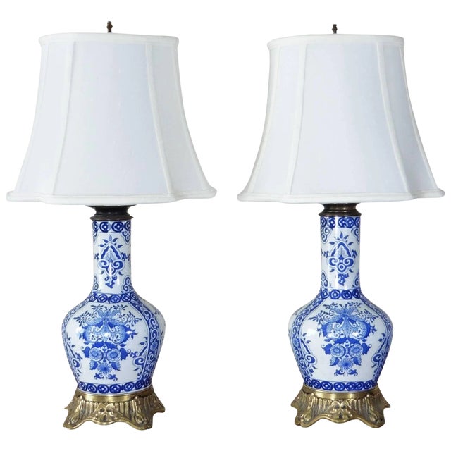 19th Century Blue and White Bronze-Mounted Lamps - a Pair For Sale