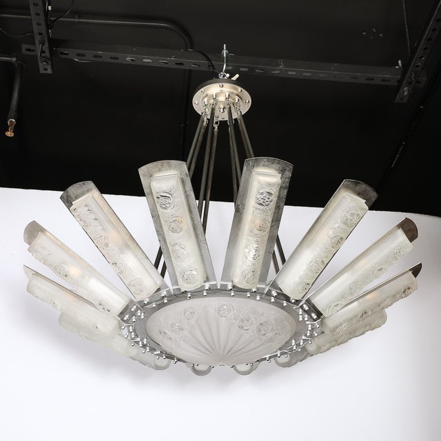 Metal Art Deco Geometric Frosted Glass & Nickeled Starburst Chandelier Signed Degué For Sale - Image 7 of 18