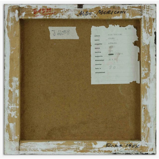 Abstract is an original contemporary artwork realized by Aldo Moriconi in 1967. Oil painting on board. Label on the back...