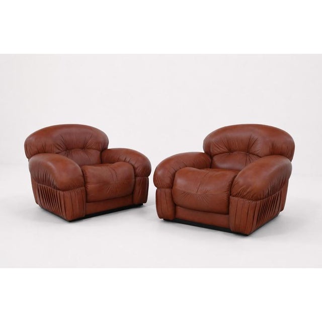 Pair of Italian design lounge chairs from the 1970s . The organic form and voluminous silhouette creates a striking visual...