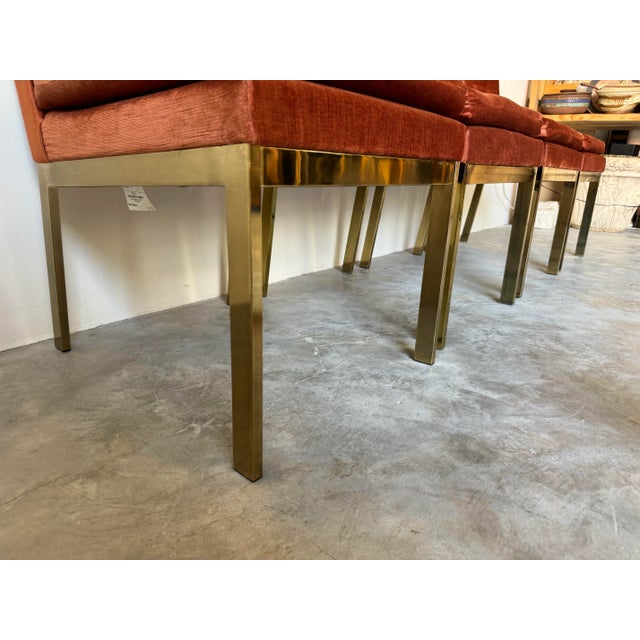 Set of Four Mid- Century Brass & Orange Velvet Chenille Dining Chairs by Milo Baughman for Dia For Sale - Image 4 of 12